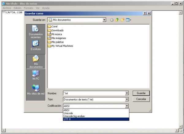 Codificación de caracteres en el Bloc de Notas de Windows